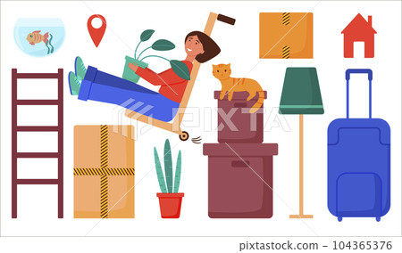 he concept of resettlement. A set of elements for relocation - boxes, a suitcase, a shelf, plants, a cat, a fish in an aquarium. I'm moving into a new house. Isolated flat vector illustration 104365376