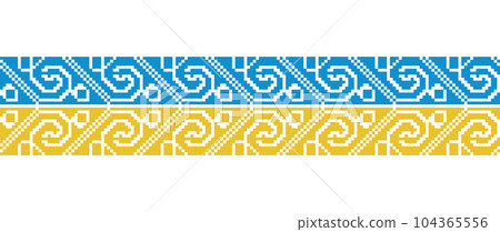 Ukrainian flag pattern. Vector ornament, decorative border, background. Ukrainian flag decoration in yellow and blue colors. Pixel art, vyshyvanka, cross stitch 104365556