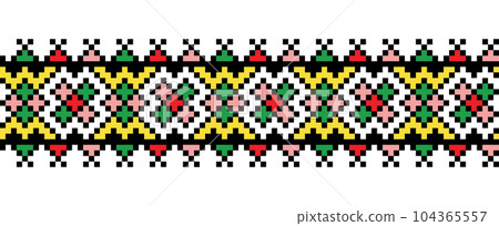 Ukrainian folk, ethnic border ornament, textile or fabric print.Ukrainian colorful embroidery vector pattern. Carpathian region ornament. Pixel art, vyshyvanka, cross stitch 104365557