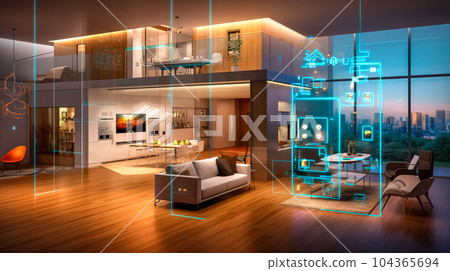 smart home using modern technology, controlled by smartphone app, made with Generative AI 104365694