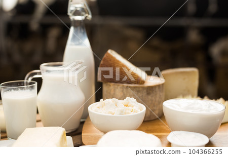 jug of milk, bottle of kefir, cottage cheese, cream and yogurt in bowl, cheese, butter on table in cowshed 104366255