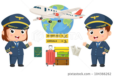 Cute pilot kids cartoon with airport element 104366262