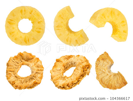 Pieces of pineapple on a white isolated background. Dried and ripe pineapples are cut into slices and rings. Pineapple isolate in different shapes. To be inserted into a design or project. 104366617