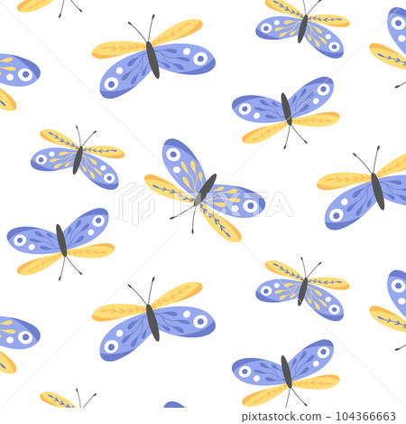 Kids seamless pattern with butterflies. Vector illustration. Butterfly print in hand-drawn style. Cute pattern with insects. Kids seamless pattern with butterflies. Vector illustration. Butterfly print in hand-drawn style. Cute pattern with insects. 104366663