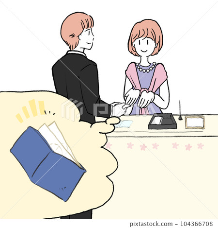 Image illustration material of a man who hands over the membership fee directly from the wallet at the reception of the wedding venue with a membership fee system 104366708