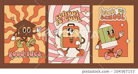 Set of Back to School A4 posters template in 70s-80s Groove Style with retro cartoon stationery characters. First Day of School Party Cards. Vector retro illustration with inspirational text. 104367153