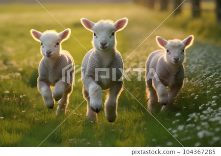 Happy lambs running in the meadow. Generative AI 104367285