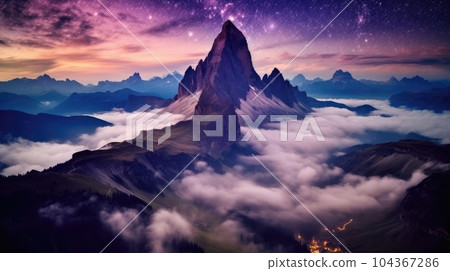 Landscape with alpine mountain valley and starry sky, Dolomites, Italy. Generative AI 104367286