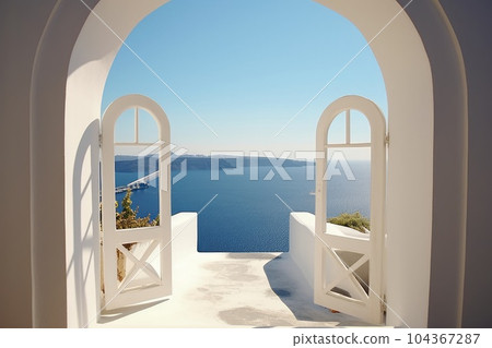 View of the sea from the house through the arch, Santorini island, Greece. Generative AI 104367287