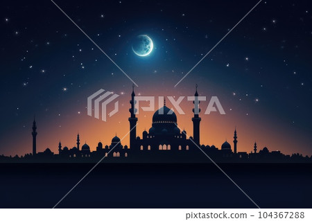Mosque silhouette in night sky with crescent moon and stars, ramadan. Generative AI 104367288