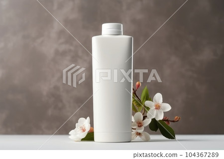 Natural skincare product branding mock up. Blank white bottle plastic tube on table. Beauty cosmetic concept. Generative AI 104367289