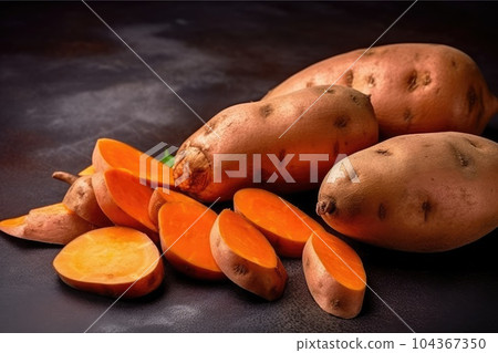 Raw sweet potatoes whole and cut. Generative AI 104367350