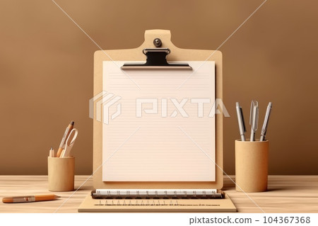 Wooden clipboard mockup with notebooks and pencils holder on a wooden table. Home office with office supplies. Generative AI Wooden clipboard mockup with notebooks and pencils holder on a wooden table. Home office with office supplies. Generative AI 104367368