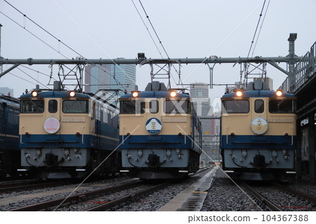 EF65 type electric locomotives lined up in the former Tokyo locomotive depot "Blue Meiko, again." Photo session_2023/4/15 EF65 type electric locomotives lined up in the former Tokyo locomotive depot "Blue Meiko, again." Photo session_2023/4/15 104367388