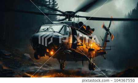 Fire fighting helicopter, Helicopter dropping water on forest fire. 104367550