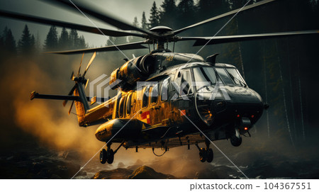 Helicopter of the fire service bring water in a fire fighting bucket and carries water. 104367551