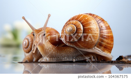 Snail, Large mollusk snails with brown striped shell. 104367575