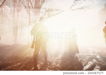 Dramatic Misty View On German Wehrmacht Infantry Soldier In World War Ii Standing In Dramatic Backlight Through Smoke During Historical Reenactment. Black And White Colors. Yellow Sunlight, Sunbeam 104367577