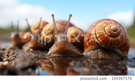 Snail, Large mollusk snails with brown striped shell. 104367578