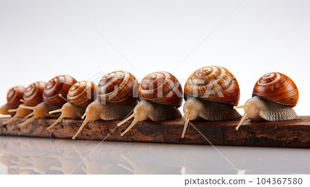 Snail, Large mollusk snails with brown striped shell. Snail, Large mollusk snails with brown striped shell. 104367580