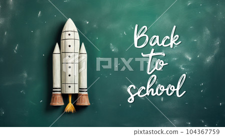 Hand drawn rocket science on green chalkboard background. Back to school concept banner graphic design. Hand drawn rocket science on green chalkboard background. Back to school concept banner graphic design. 104367759