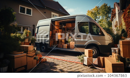 Transport Truck full of moving boxes and furniture, Moving to new house and family relocation. 104367863