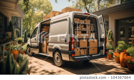 Delivery truck full of home stuff inside, Moving to new house, Family relocated to new home. Delivery truck full of home stuff inside, Moving to new house, Family relocated to new home. 104367864