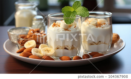 Almond banana smoothie with oat flakes in glass jars, oatmeal and almonds on the old wooden. Almond banana smoothie with oat flakes in glass jars, oatmeal and almonds on the old wooden. 104367908