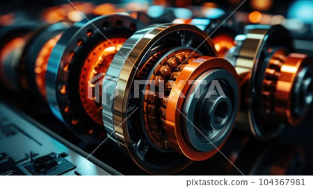 Belt transmission close up, Belt drive of Diesel engine electric generator. Belt transmission close up, Belt drive of Diesel engine electric generator. 104367981