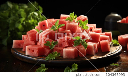 Pieces of fresh watermelon, Sliced red and ripe watermelon on the table. 104367993