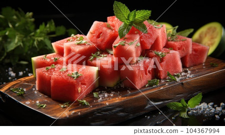 Pieces of fresh watermelon with board on black wooden table. Pieces of fresh watermelon with board on black wooden table. 104367994