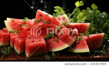 Pieces of fresh watermelon, Sliced red and ripe watermelon on the table. Pieces of fresh watermelon, Sliced red and ripe watermelon on the table. 104367995