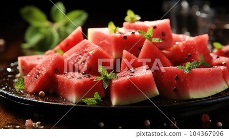 Pieces of fresh watermelon with board on black wooden table. Pieces of fresh watermelon with board on black wooden table. 104367996