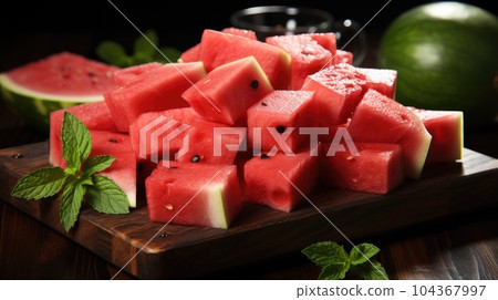 Pieces of fresh watermelon, Sliced red and ripe watermelon on the table. Pieces of fresh watermelon, Sliced red and ripe watermelon on the table. 104367997