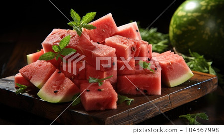 Pieces of fresh watermelon with board on black wooden table. 104367998