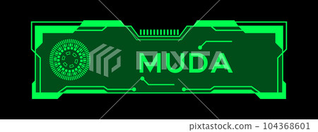 Green color of futuristic hud banner that have word muda on user interface screen on black background Green color of futuristic hud banner that have word muda on user interface screen on black background 104368601