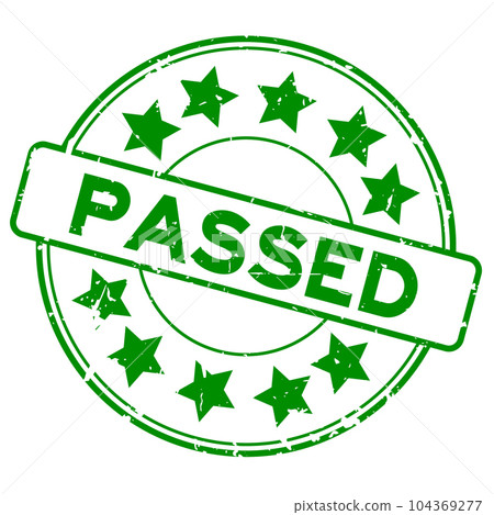 Grunge green passed word with star icon round rubber seal stamp on white background 104369277