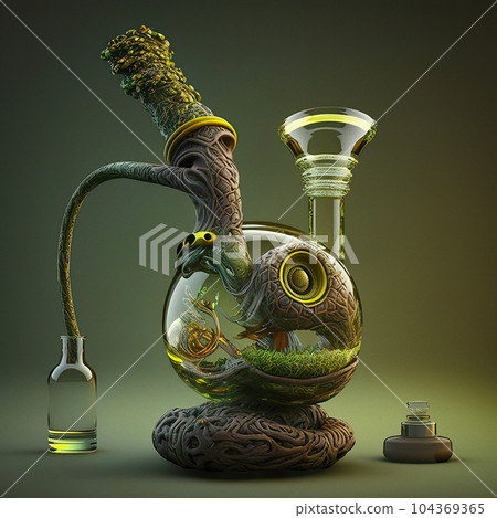 An intricately detailed glass art bong, featuring vibrant colors and high-textured design An intricately detailed glass art bong, featuring vibrant colors and high-textured design 104369365