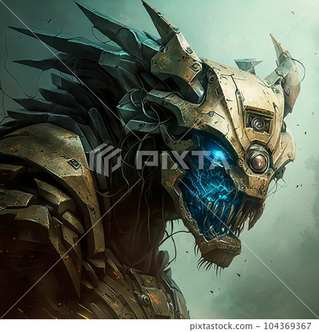 An epic concept art featuring a menacing beast robot with blue glowing eyes, a metal jaw, and an awe-inspiring full-color design An epic concept art featuring a menacing beast robot with blue glowing eyes, a metal jaw, and an awe-inspiring full-color design 104369367