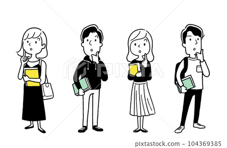 Vector illustration material: Male and female college students with doubts, person set 104369385