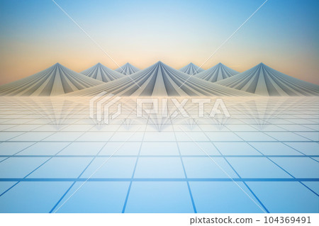 Sunset landscape of uninhabited square extending to mountains and reflections, 3D rendering Sunset landscape of uninhabited square extending to mountains and reflections, 3D rendering 104369491
