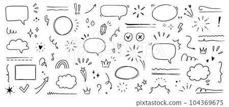 Line highlight brush, text emphasis, underline brush. Hand drawn scribble highlight, arrow, star sparkle. Text underline drawn, speech bubble, marker brush. Vector 104369675