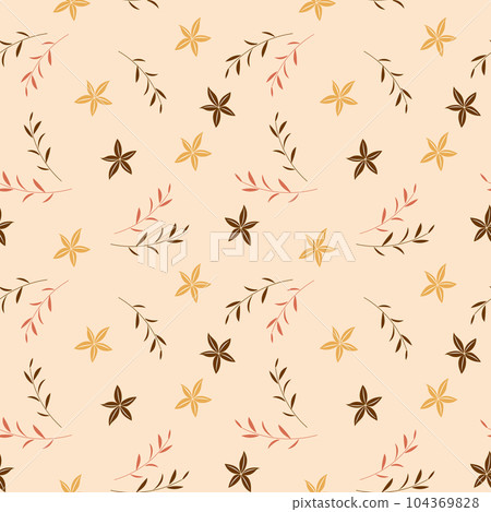 Seamless pattern, small flowers and scattered leaves. Floral rustic background, print, textile, wallpaper, vector Seamless pattern, small flowers and scattered leaves. Floral rustic background, print, textile, wallpaper, vector 104369828