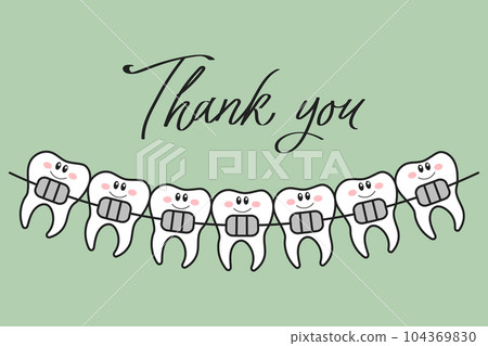 Cartoon kawaii teeth characters with braces and lettering Thank you. Cartoon doodle illustration. Dental care. Logo, icon, vector Cartoon kawaii teeth characters with braces and lettering Thank you. Cartoon doodle illustration. Dental care. Logo, icon, vector 104369830