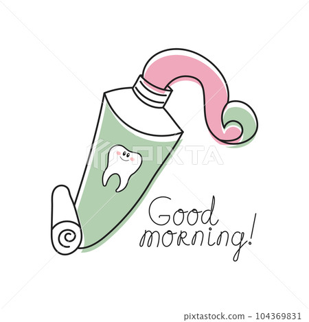Tube of toothpaste, tooth and lettering Good morning. Cartoon doodle illustration. Dental care. Logo, icon, vector 104369831