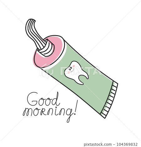 Tube of toothpaste, tooth and lettering Good morning. Cartoon doodle illustration. Dental care. Logo, icon, vector Tube of toothpaste, tooth and lettering Good morning. Cartoon doodle illustration. Dental care. Logo, icon, vector 104369832