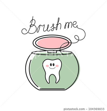 Dental floss, tooth and lettering Brush me. Cartoon doodle illustration. Dental care. Logo, icon, vector Dental floss, tooth and lettering Brush me. Cartoon doodle illustration. Dental care. Logo, icon, vector 104369833
