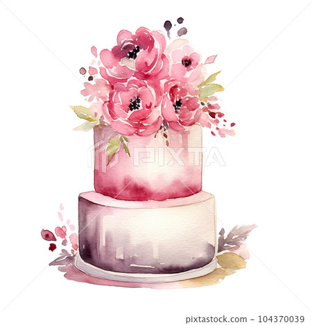 Watercolor Wedding Cake. Illustration AI Generative 104370039