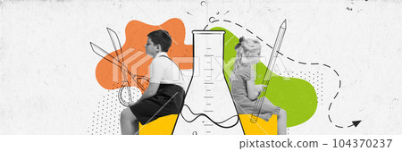 Contemporary art collage. Boy and girl at chemistry class. Concept of back to school, happy childhood, education, studying Contemporary art collage. Boy and girl at chemistry class. Concept of back to school, happy childhood, education, studying 104370237