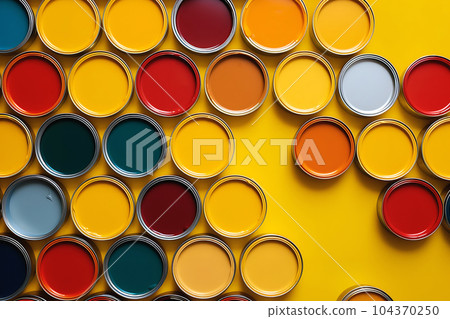 Many different colored tin cans with paint. House rennovation, design ideas, bright conceptual photo. High quality photo with copy space. AI generated Many different colored tin cans with paint. House rennovation, design ideas, bright conceptual photo. High quality photo with copy space. AI generated 104370250